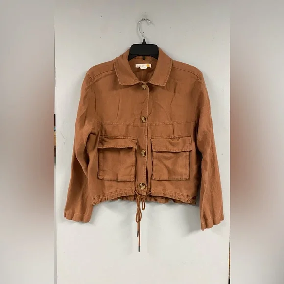 C&C California Women's Linen Blend Bomber Jacket Crop Brown Size Small Cinched - Picture 1 of 8
